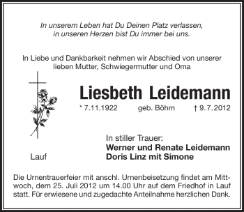 Traueranzeige von Liesbeth Leidemann von Pegnitz-Zeitung